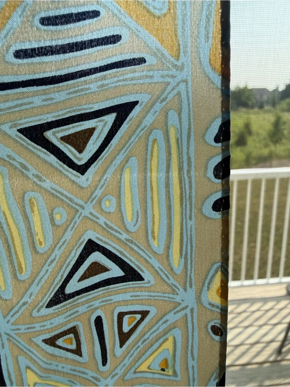 Rene Pure Soie 100% Silk Geometric Oblong Scarf Beige Blue Mustard Abstract